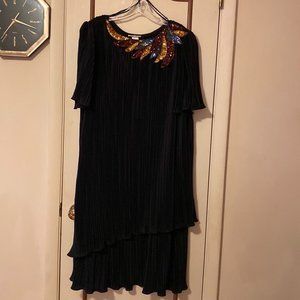 Black Layered Dress, Gold Sequin Collar, Asymmetrical Hem